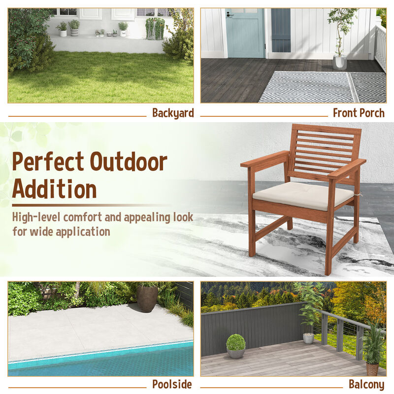 Set of 2 Patio Solid Wood Dining Chairs with Cushions and Slatted Seat