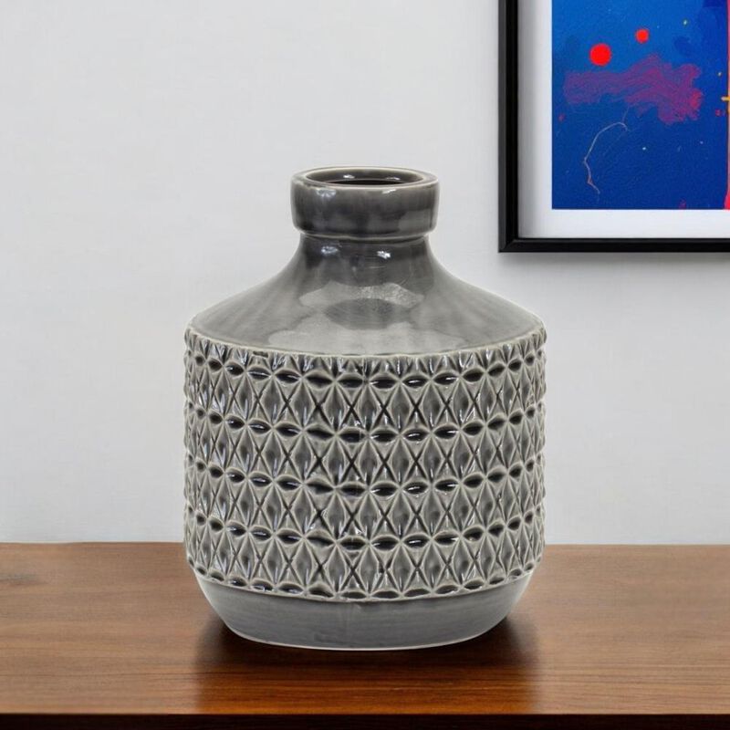 Hivvago 10 Inch Gray Geometric Bud Terracotta Table Vase