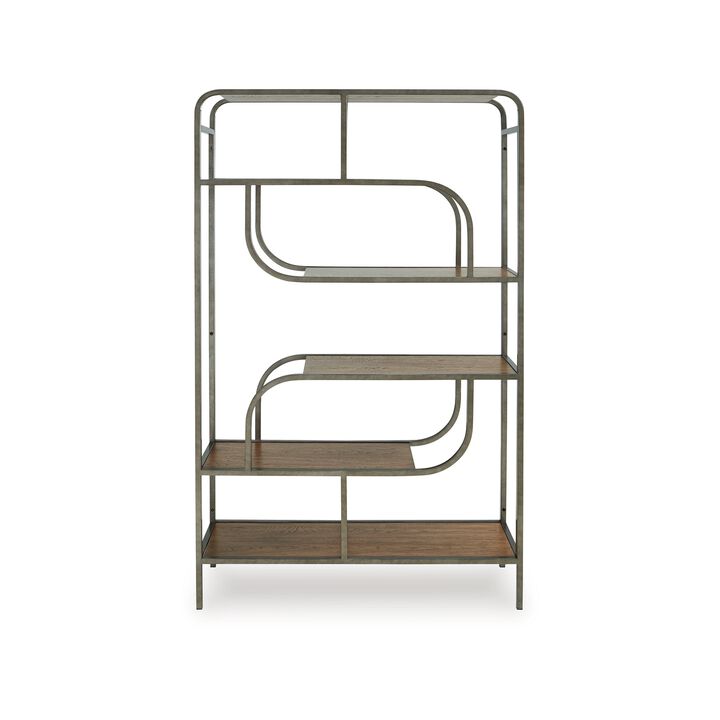 Bookcase, Modern Geometric Design, 70 Inch, 5 Brown Veneer Shelves - Benzara