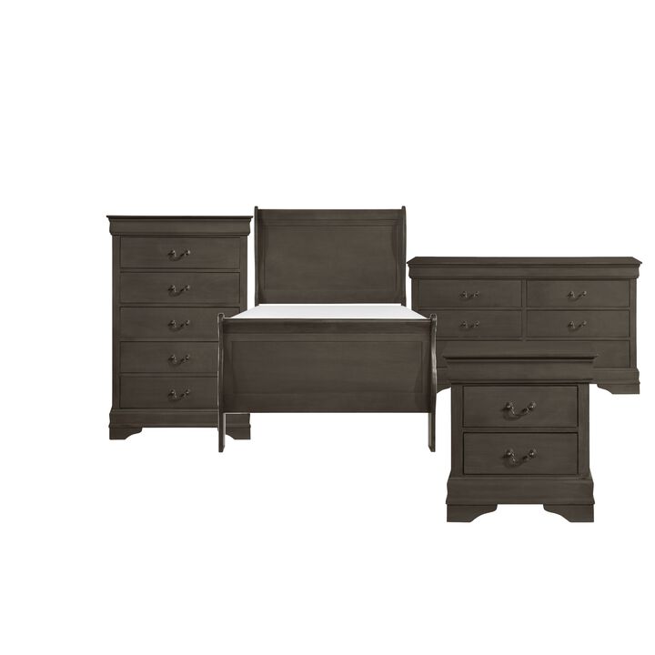 Full Size Bedroom Set, Traditional Carved Wood Design, Gray Finish, 4-Piece Set with Bed, Nightstands and Dresser