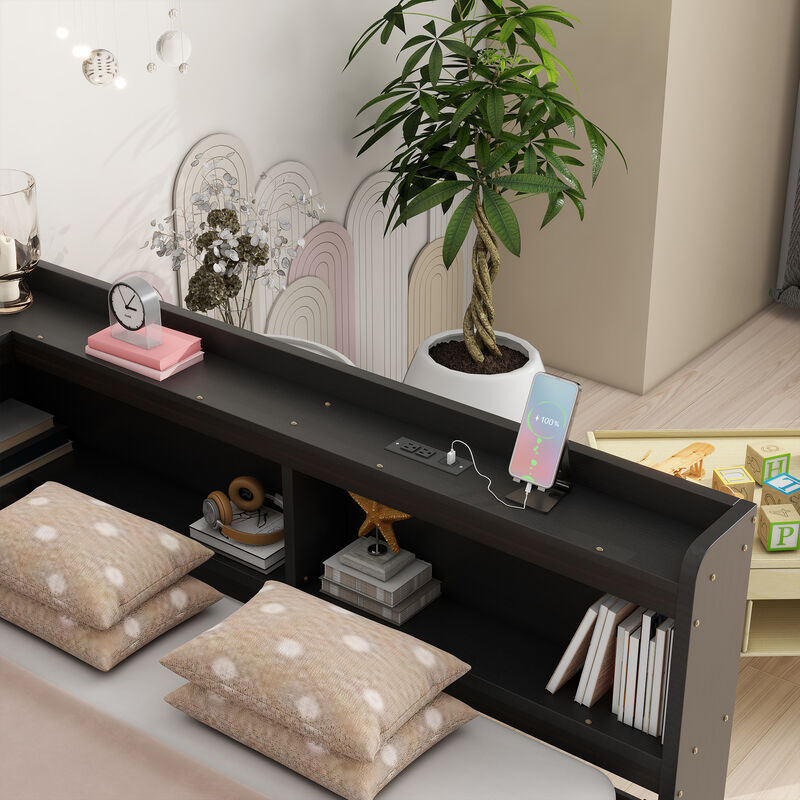 Whisen Full Size L-shaped Bookcases Bed with Power Outlets, USB Charging Ports,Two Drawers image number 4