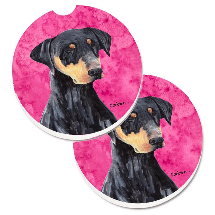 Caroline's Treasures Pink Doberman Set of 2 Cup Holder Car Coasters SC9126PKCARC, 2.56, Multicolor
