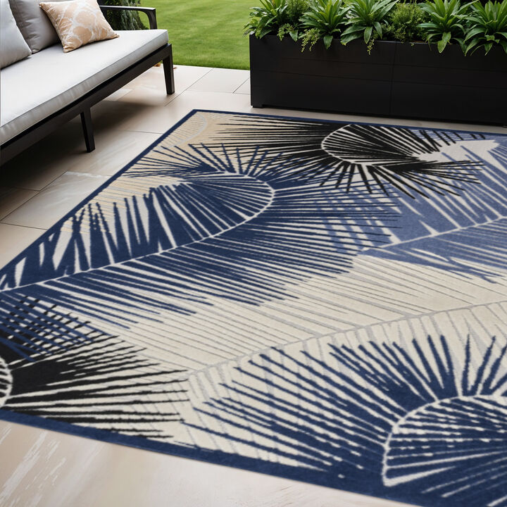 HomeRoots 5' X 7' Navy Blue Ivory And Black Palm Leaf Indoor Outdoor Area Rug
