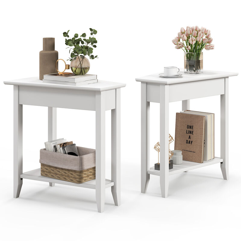 2-Tier Wedge End Table with Storage Shelf and Solid Wood Legs for Small Spaces
