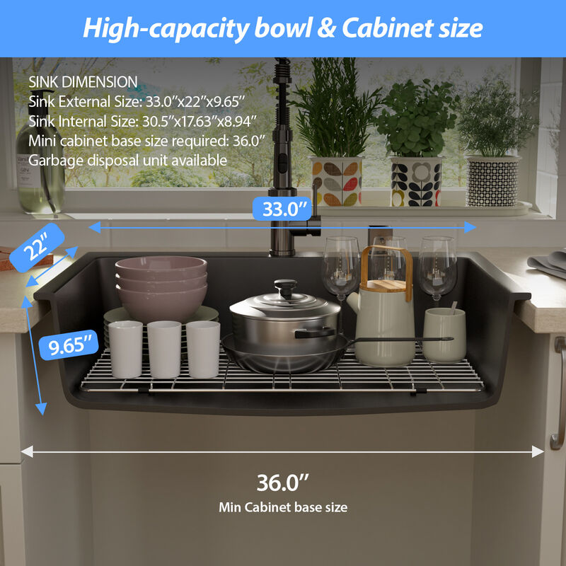 33x22x10 Inch Black Granite Composite Drop In kitchen Sink Single Bowl Quartz Kitchen Sink