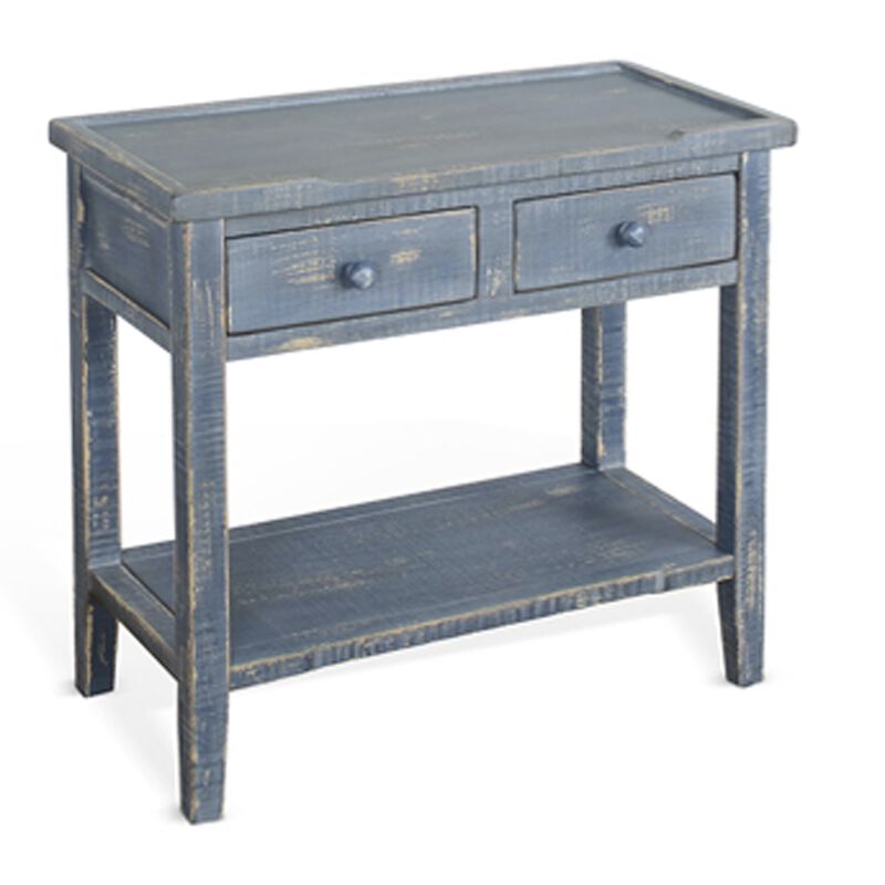 Rena Side End Table, 2 Drawers 1 Shelf, 28 Inch Rustic Blue Mahogany