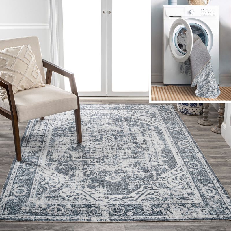 Keesha Bold Distressed Medallion Low-Pile Machine-Washable Blue/Cream. Area Rug