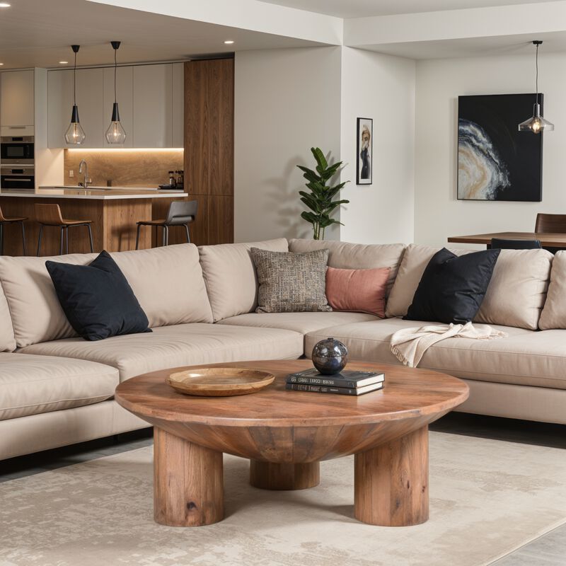 Meridian Coffee Table, 38 Inch Round Top, 3 Column Pillar Legs, Natural Brown Mango Wood image number 8