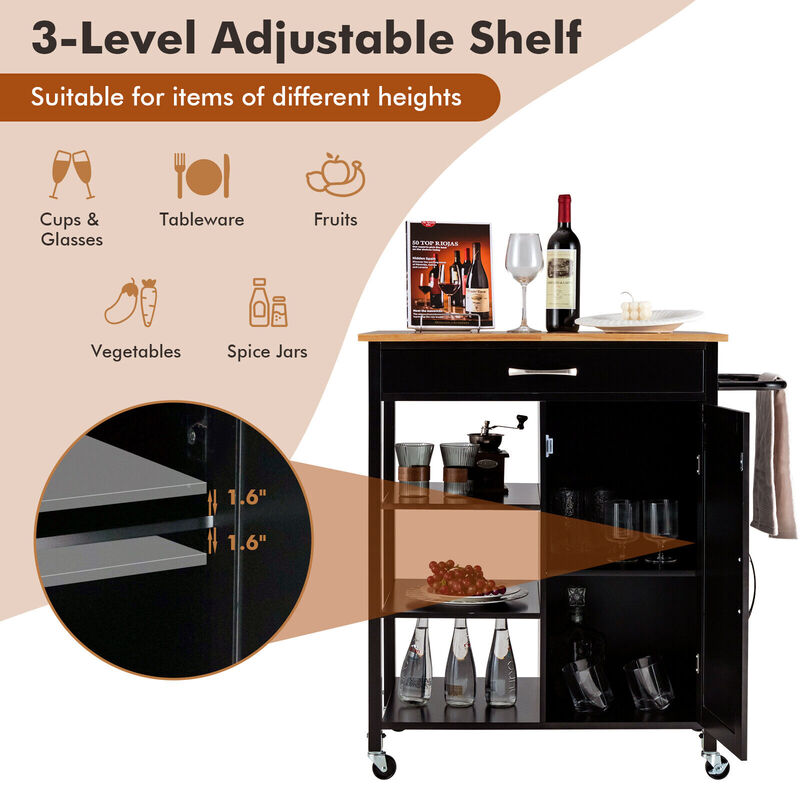 Mobile Kitchen Island Cart with Rubber Wood Top