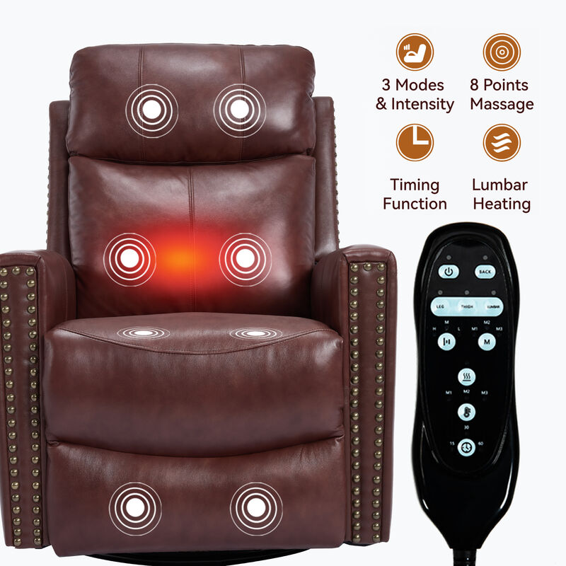 Gnuine Leather Heat Massage Manual Recliner Chair with Rocker and Swivel image number 3