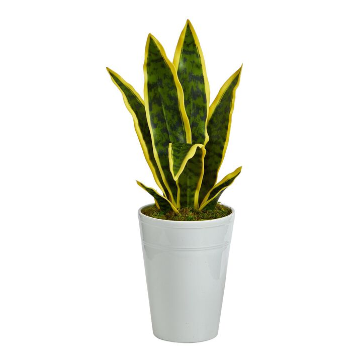 Nearly Natural 18-in Sansevieria Artificial Plant in White Planter