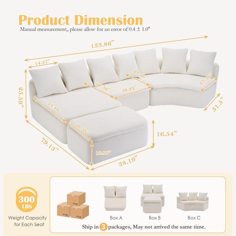 Whisen 133" U-Shaped Modular Sectional Sofa, Chenille Foam with Removable Chaise, No Assembly Required for Living Room image number 9