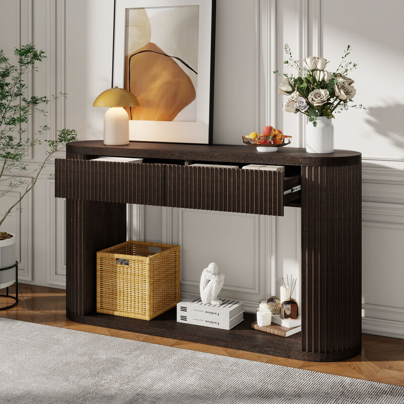 Merax Oval Fluted Rubber Wood Console Table with 2 Drawers & Open Bottom Shelf image number 2