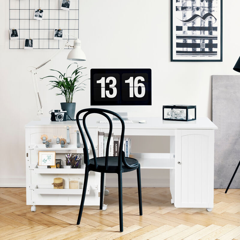 Folding Sewing Table Shelves Storage Cabinet Craft Cart with Wheels image number 1