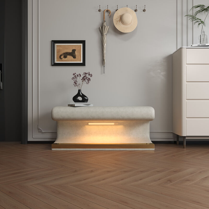 Entryway Bench Leather Upholstered Ottoman with LED sensor light for living room ,bedroom,end of bed image number 1