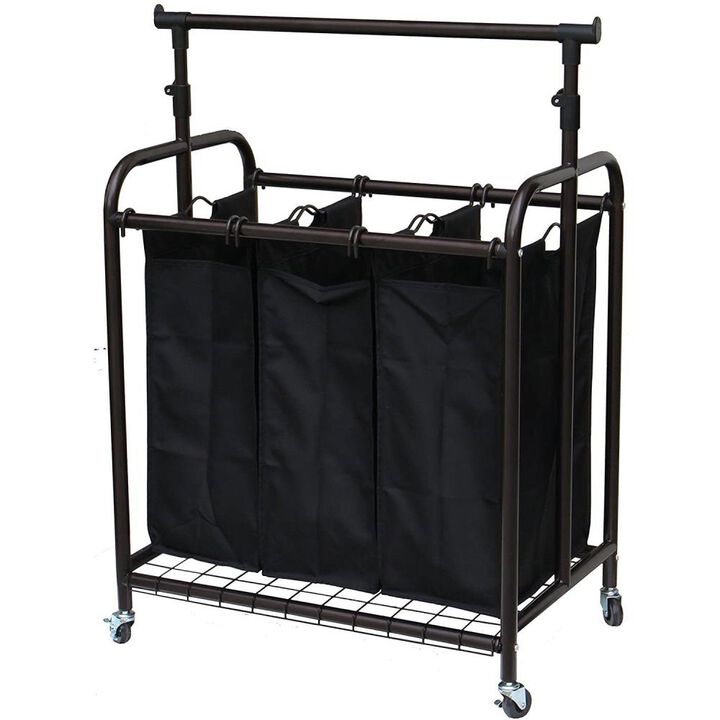 Hivvago Bronze Black 3-Bag Laundry Sorter Hamper with Adjustable Clothes Hanging Bar