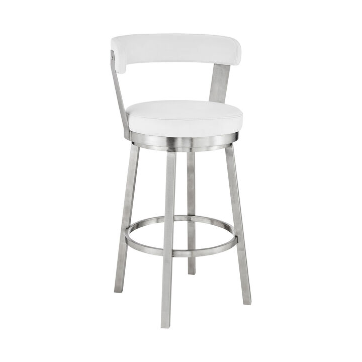 Kobe  Counter Height Swivel Bar Stool in Brushed Stainless Steel Finish and White Faux Leather