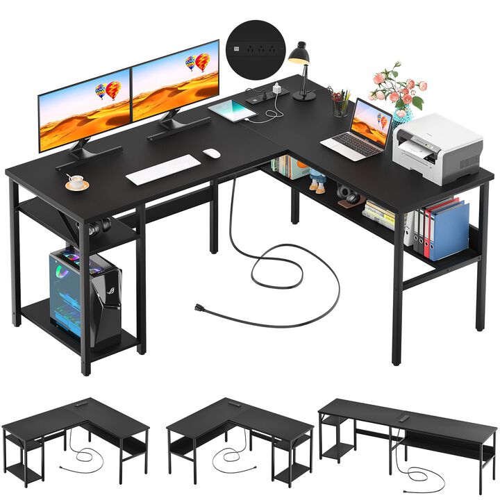 Unikito Reversible L Shaped Desk with Magic Power Outlets and USB Charging Ports, Sturdy Corner Computer Desk with Storage Shelv