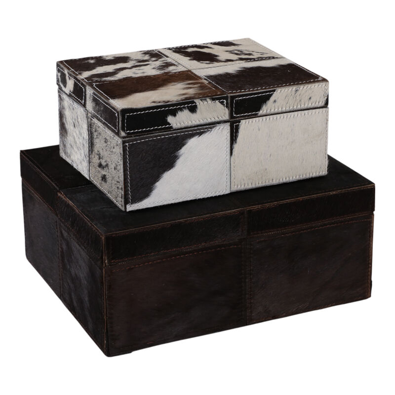 S/2 9/12" Hair On Hide Patchwork Boxes, Ivory/brow image number 4