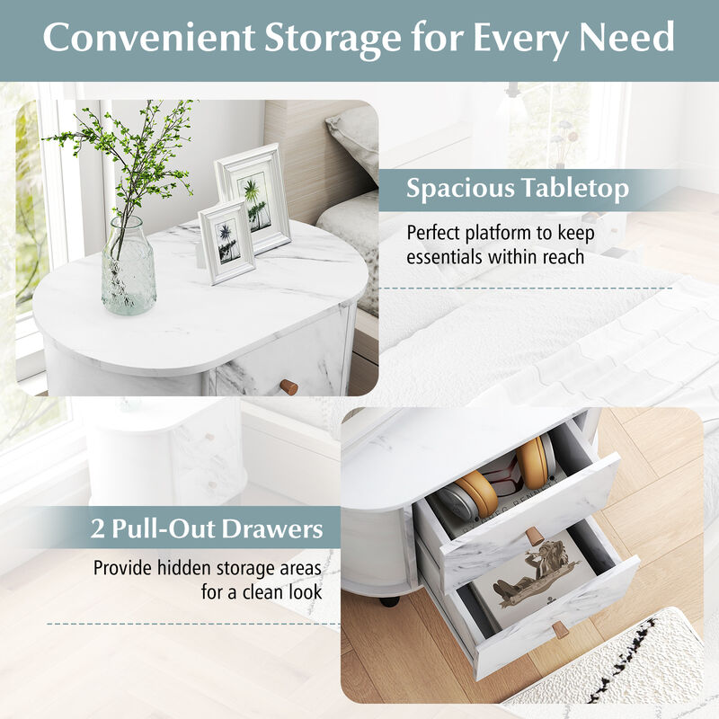 2-Drawer Nightstand with Modern Faux Marble Top, Stylish Bedside Storage Table