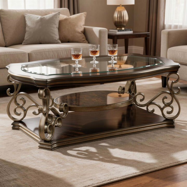 Cocktail Table with Glass Top and Scroll Accent, Brown