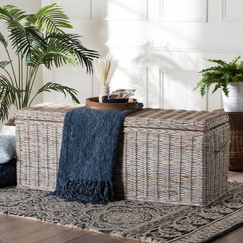bali & pari Clarette Whitewashed Rattan Storage Bench - Handwoven Wicker Storage Trunk with Lift-Top Lid, Boho Coastal Seating for Living Room, Bedroom, or Entryway image number 7