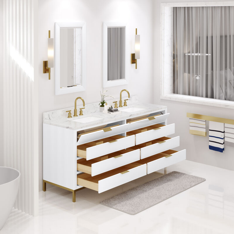 Bristol 72 In. Double Sink Carrara White Marble Countertop Bath Vanity in Pure White