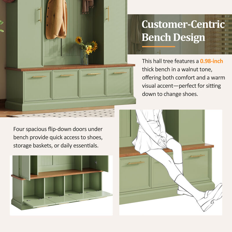 Merax Farmhouse Hall Tree with Gold-Tone Handles, Upper Cabinets with Hooks & Adjustable Shelves image number 6