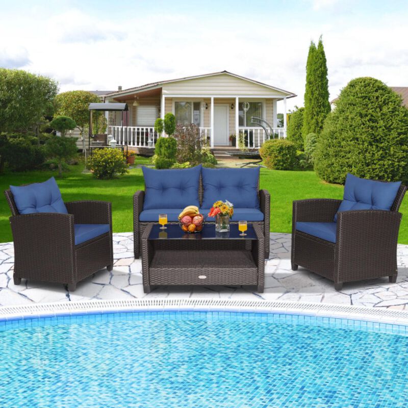 Hivvago 4 Pieces Patio Rattan Furniture Set with Tempered Glass Coffee Table