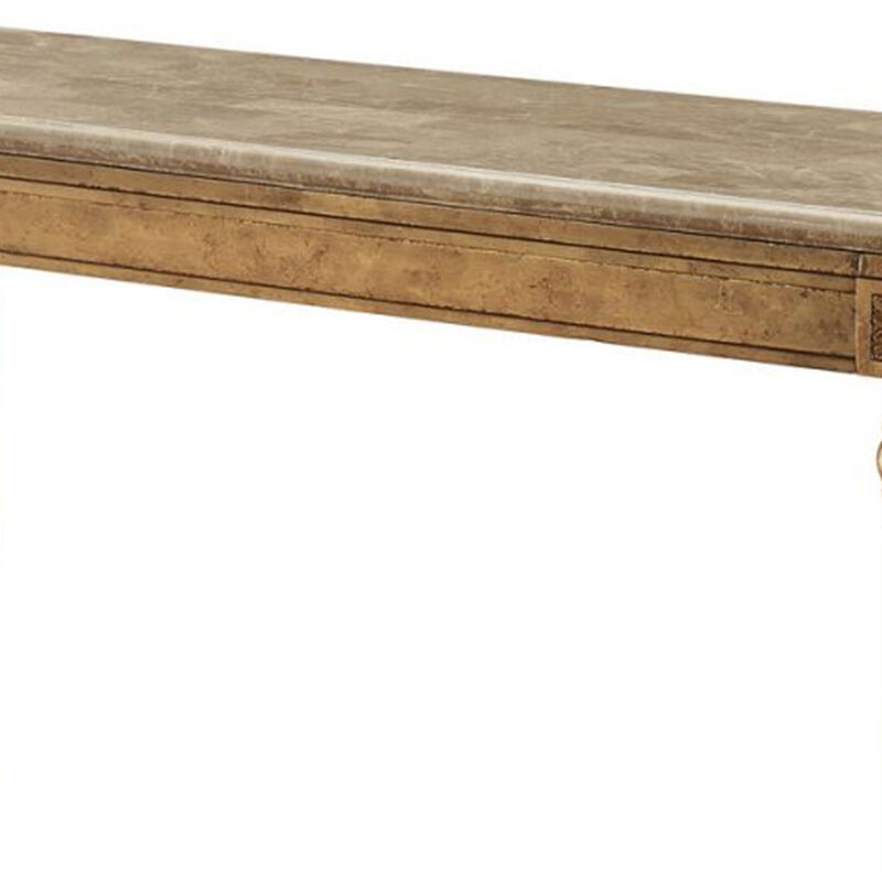 Marble Top Sofa Table With Fluted Detail Wooden Turned Legs, Gold-Benzara