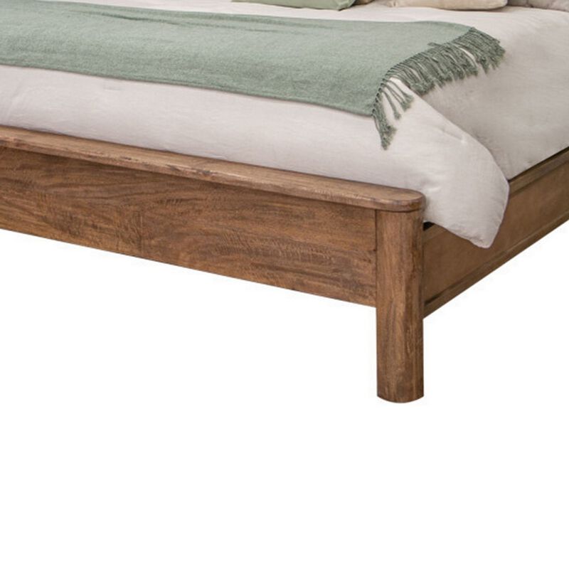 Olum Queen Size Bed, Mango Wood, Grain Details, Rounded Edges, Rustic Brown - Benzara