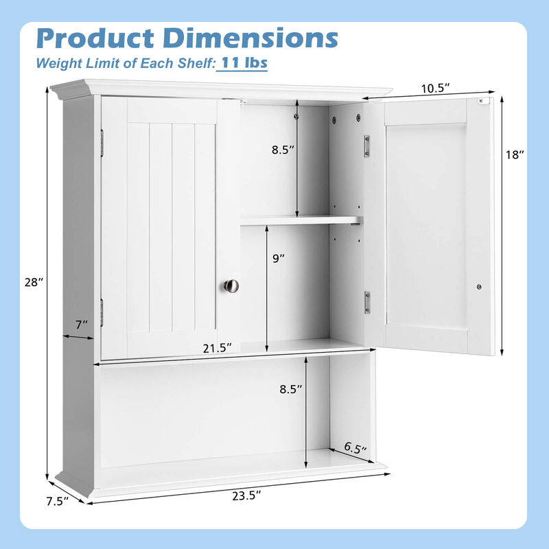 Wall Hanging Bathroom Cabinet with Enclosed Storage and Open Shelves