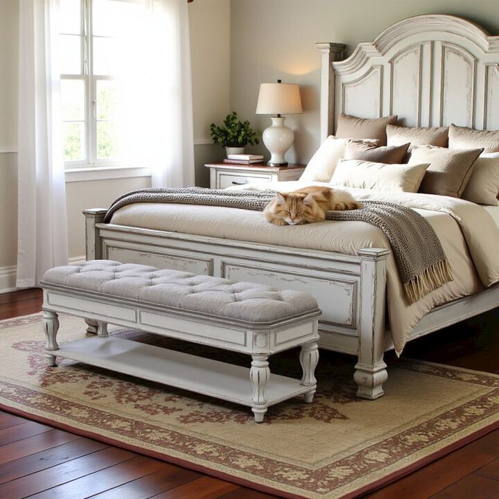 Liberty Furniture White Antique Bedroom Bench With Storage Shelf, End of Bed Accent Seat