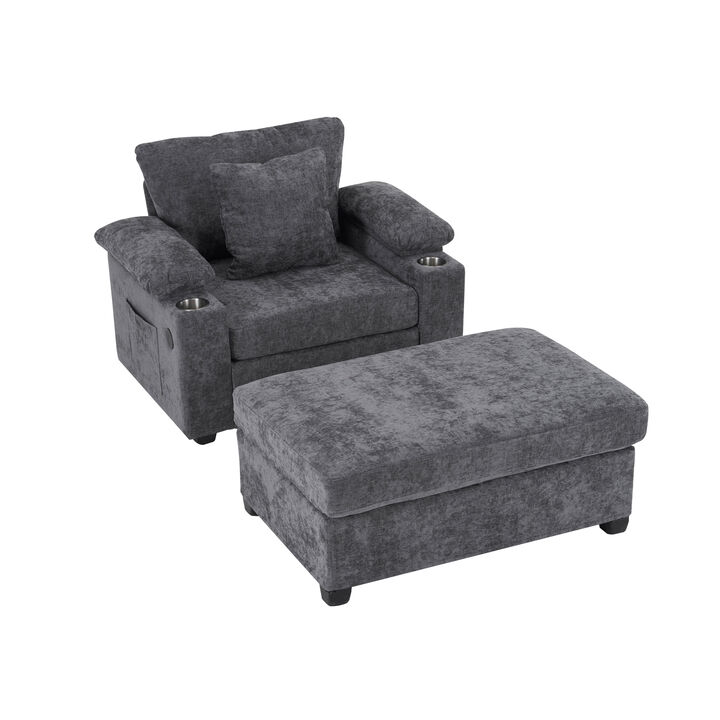 Merax Modern Oversized Chenille Fabric Chair with Ottoman & Sofa Bed Function