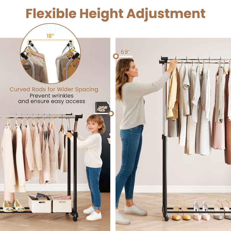 Double Rod Garment Rack with Wheels, Adjustable Height Rolling Clothes Organizer-Silver image number 7