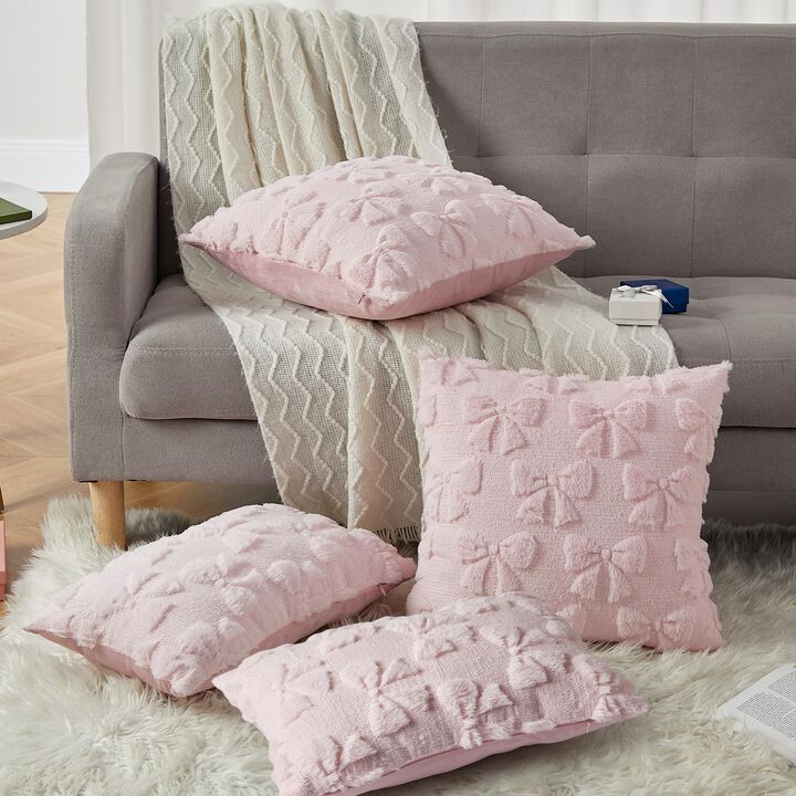 Garvee 4-Pack Bow Faux Fur Pillow Covers &ndash; Square & Lumbar Set for Couch, Sofa, Bed. 18x18/20x12 Inch