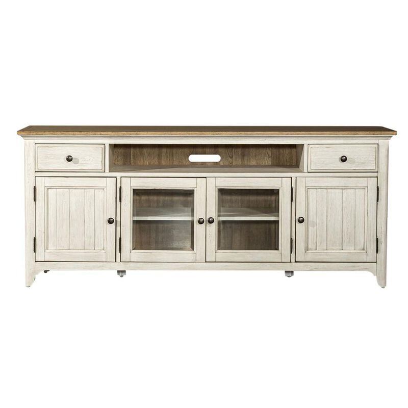 Liberty Furniture Farmhouse Reimagined Entertainment TV Stand in Antique White w/ Chestnut Top image number 9