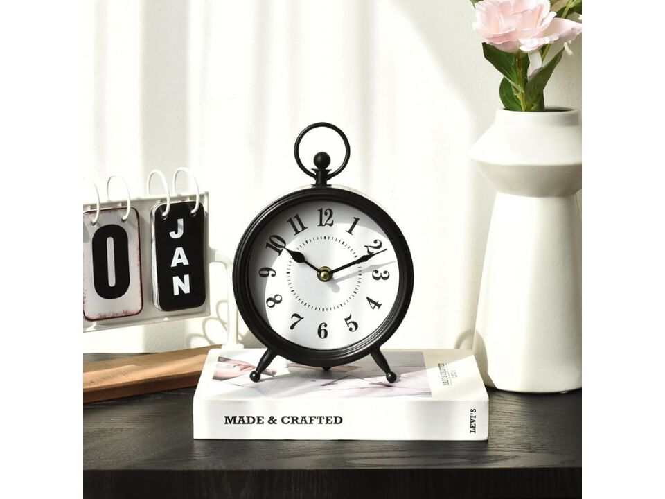 Vintage Black Table Clock - Battery Operated Silent Desk Clock for Living Room