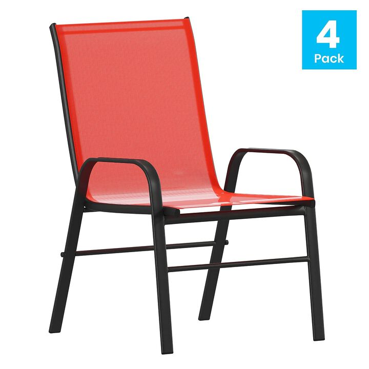 Flash Furniture Brazos Series Red Outdoor Stack Chair with Flex Comfort Material and Metal Frame, Set of 4