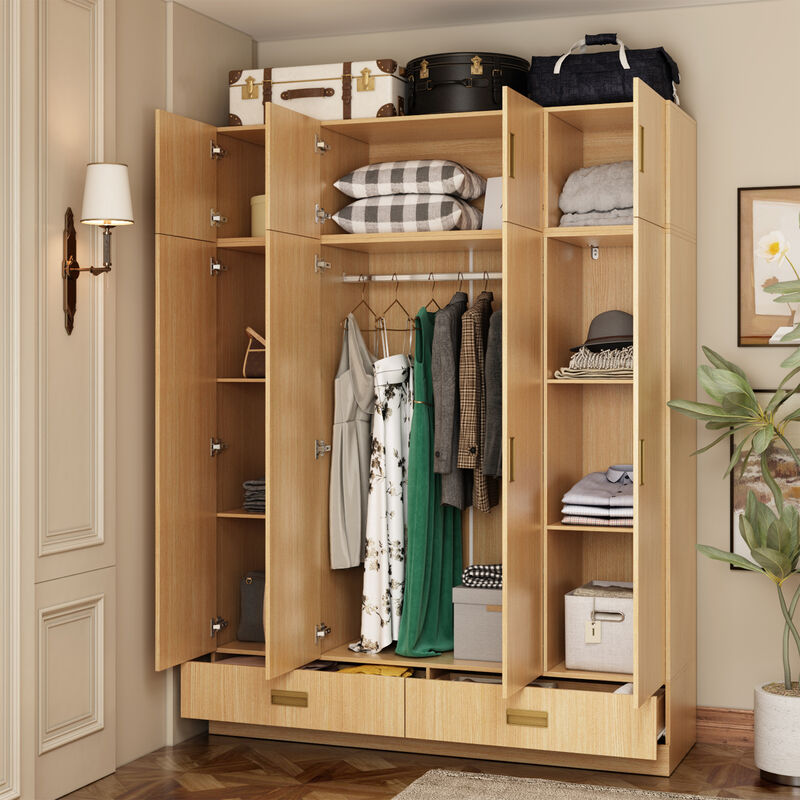 FUFU&GAGA Natural Wood 4-Door Wardrobe, MDF & Rubberwood Construction (63" W x 66.9" H x 18.1" D), Natural Wood Finish image number 4