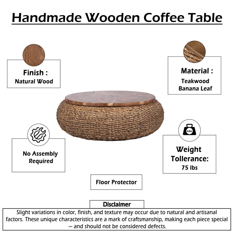 Jyra 47 Inch Round Coffee Table, Teak Wood Mosaic Top, Woven Banana Leaf Base, Natural Brown image number 4