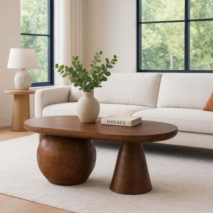 Leeds Coffee Table, 38" Handmade Walnut Brown Mango Wood Oval Top, Round Ball and Cone Base