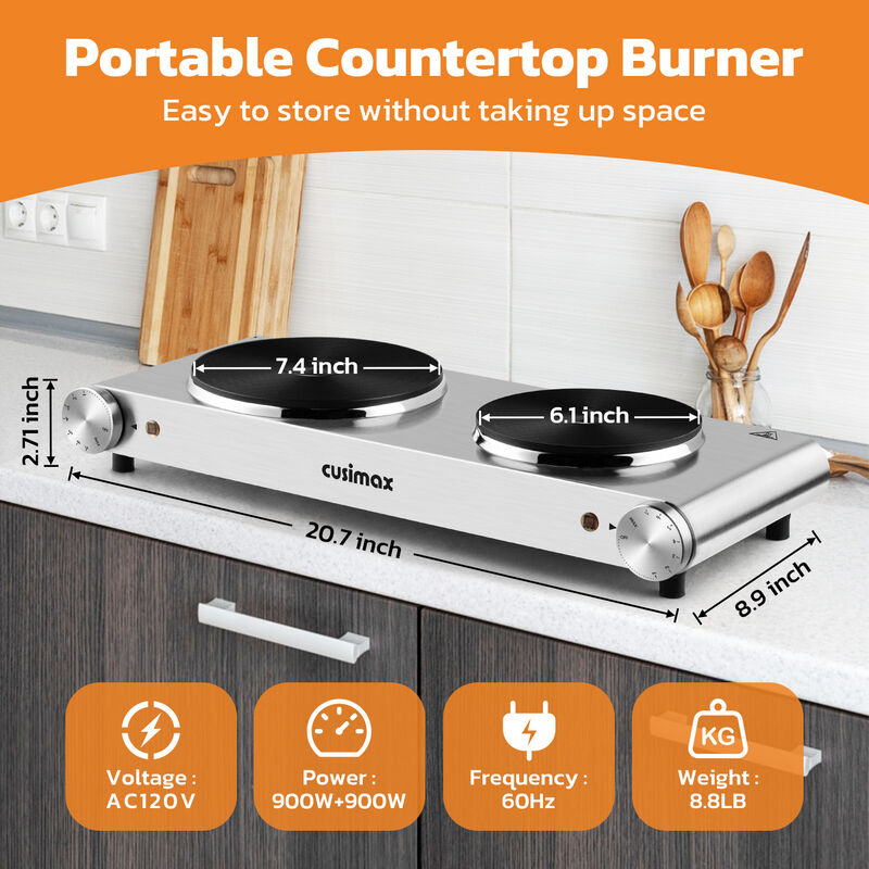 Cusimax 1800W Stainless Steel Electric Hot Plate, Portable Electric Stove, Double Burner for Cooking, Countertop Cooktop image number 2
