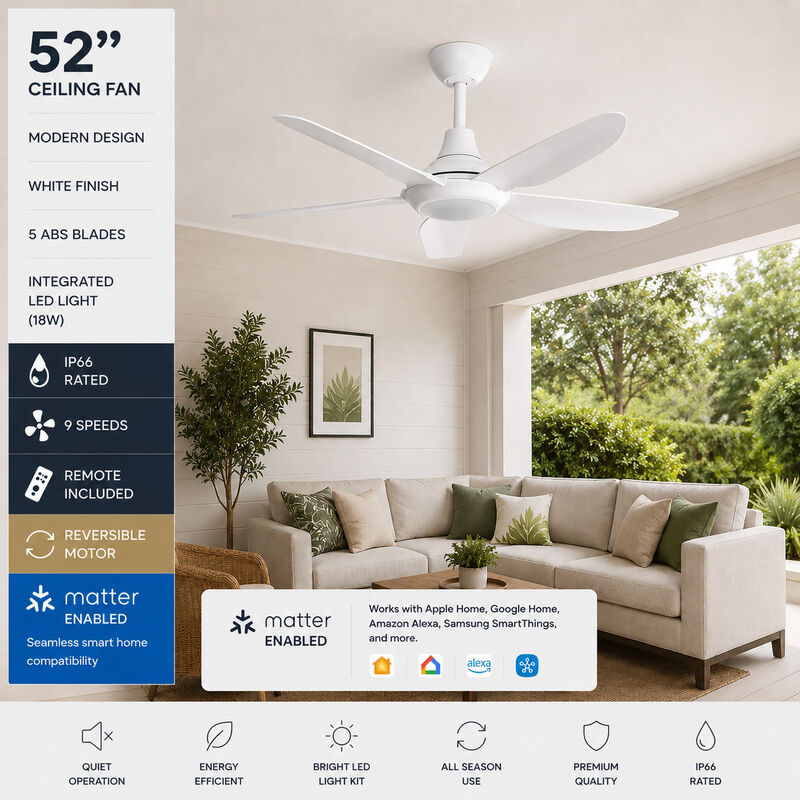 ENLIGHT 52" Smart DC Ceiling Fan with Light, IP66 Outdoor/Coastal Rated, Matter Smart Home Integration, 5 Blades image number 1
