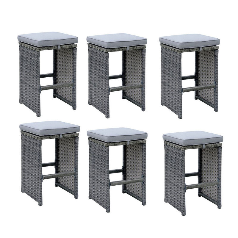 Benjara BM181095 Barstool 6 Piece Patio Bar Stool in Aluminum Wicker Frame and Padded Fabric Seat, Gray image number 7