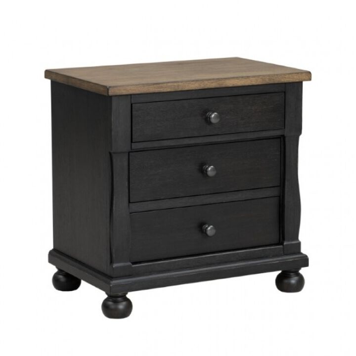 Ginie Nightstand with 2 USB Ports, 3 Drawers, Black Rustic Oak Brown