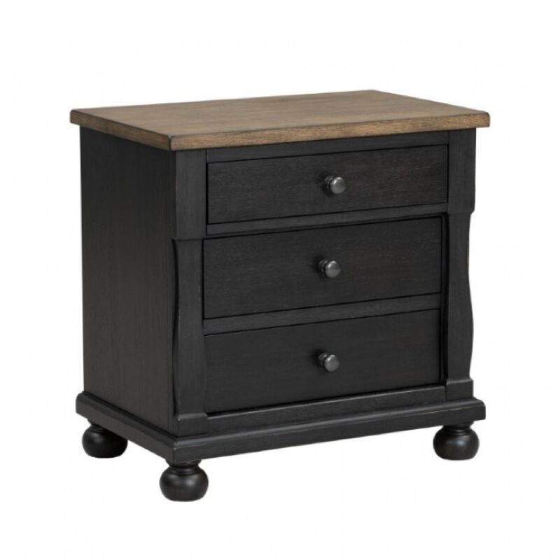 Ginie Nightstand with 2 USB Ports, 3 Drawers, Black Rustic Oak Brown