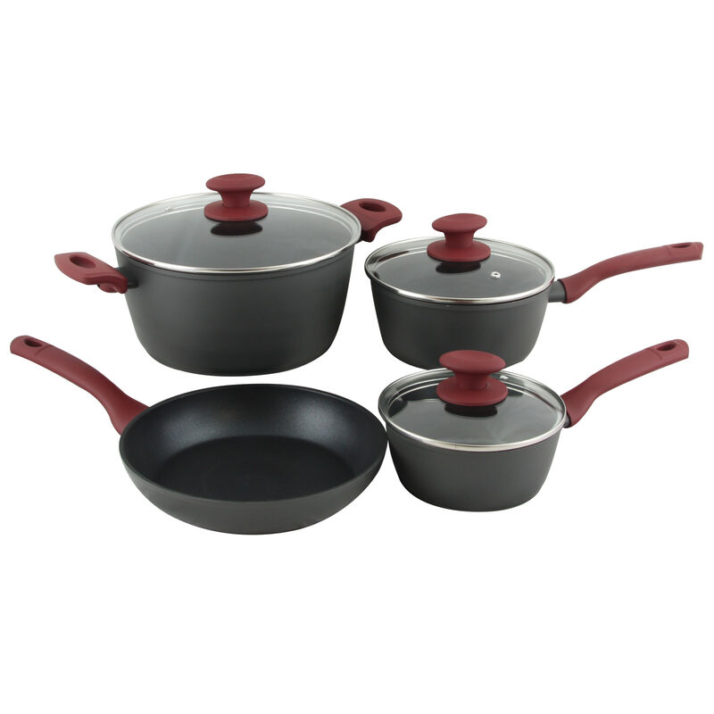 Gibson Home Marengo 7 piece Forged Aluminum Nonstick with Xylan Plus Interior Cookware Set with Red Handle and Matte Grey Exterior