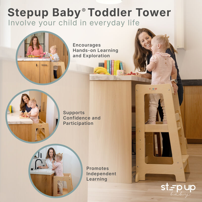 Stepup Baby&reg; Adjustable Toddler Tower - Varnished Wooden Step Stool for Kids | Toddler Standing Tower with Child-safe Chopper & Chopping Board for 18M-4Y image number 2