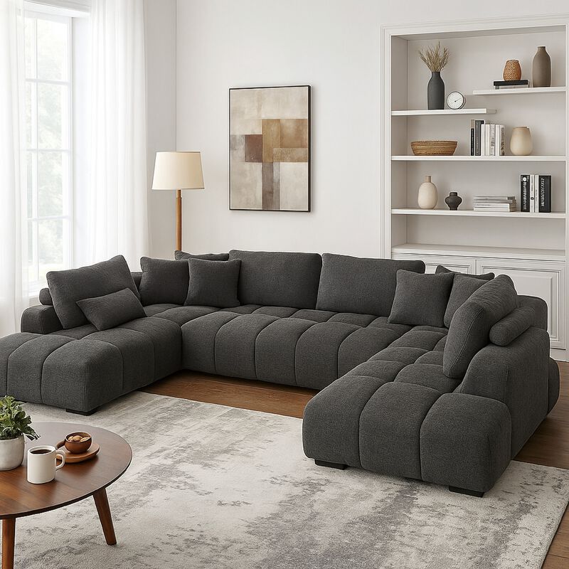 Cloe U Sectional Sofa, 3 Accent Pillows, Gray Linen Fabric, 149 Inch image number 5